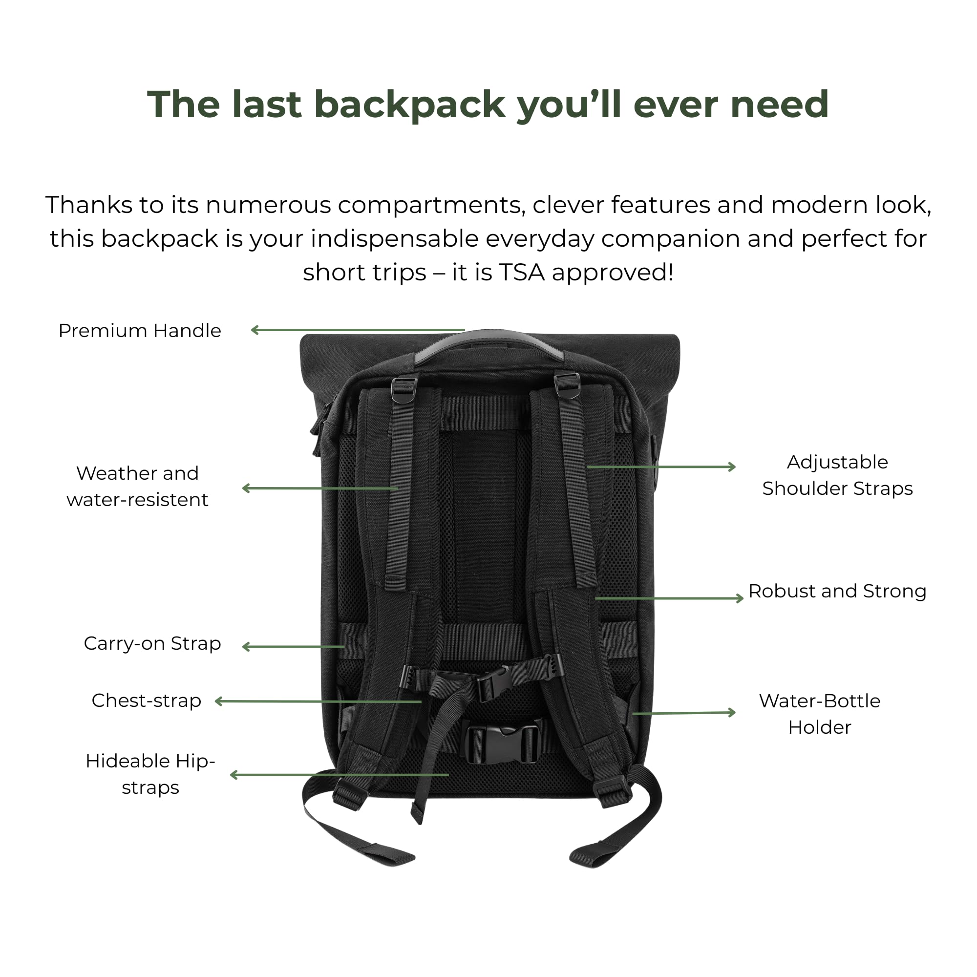 8000Kicks NOMAD - Zaino 3 in 1 in canapa per nomadi, Total black, Kleine