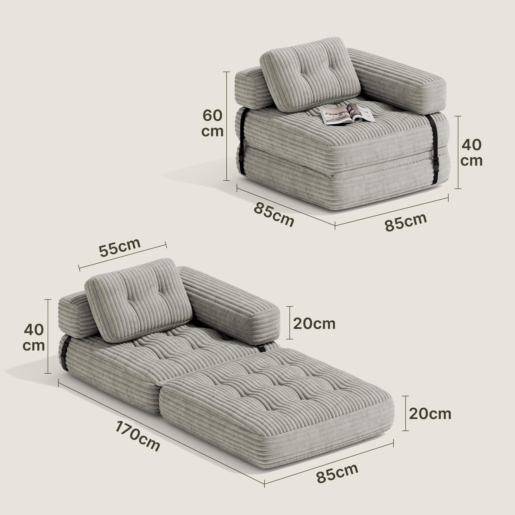 Xbro Sofá Cama Plegable con Reposabrazos en L, Sillón Convertible en Cama 2 en 1 Portátil para Espacios Pequeños, Tela de Pana con Relleno de Espuma, 170 x 85 cm Desplegado (Gris Claro)