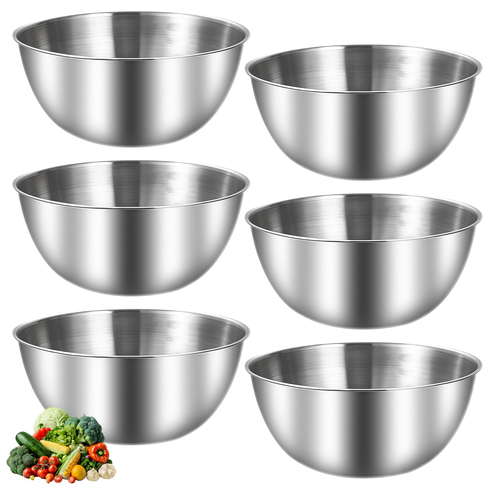 BAIFULAI Set di 6 ciotole in acciaio inox, 19 cm, grande capacità, con marchi, ciotole in acciaio inox per insalatiera, ciotola per snack, ciotola per snack (argento)