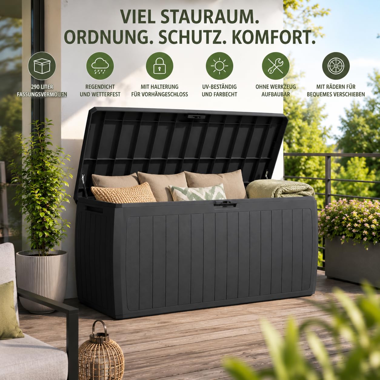 BigDean Gartenbox Auflagenbox wasserdicht 290 Liter 116cm lang 60cm hoch 47cm breit Made in Europa abschließbar