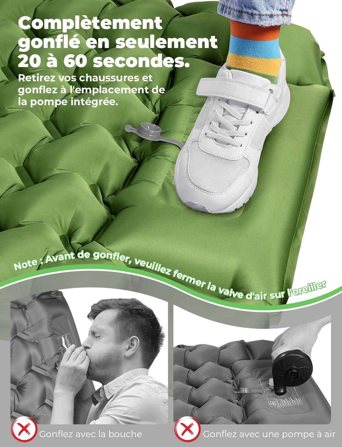 Glymnis Matelas de Camping Autogonflant 1P, Pompe + Oreiller, Ultraléger | Nylon 70D Imperméable, Gonflage 60s, 9cm Épais, 852g Ultra-Compact, Sangles Module, Convient Camping Randonnée Alpinisme