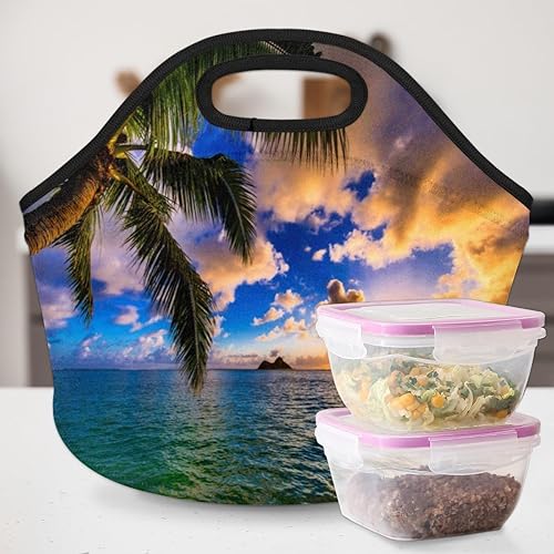 Miniatura 6 de bisibuy Lonchera de neopreno con palmera del océano Hawaii, suave, lavable, reutilizable, aislada, ligera, para preparación de comidas, para