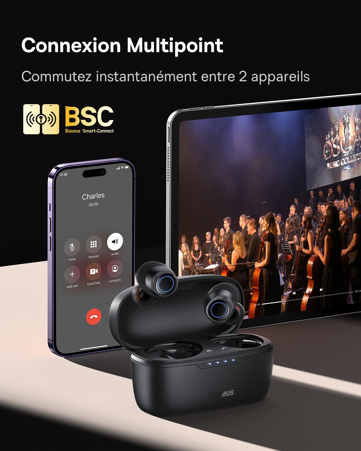 Baseus Ecouteurs Bluetooth sans Fil à Réduction de Bruit Active Hybride -48 DB,Autonomie 140H,Étanchéité IPX6,4 Micros ENC,Faible Latence de 0,038s,Bluetooth 5.3,Ecouteurs sans Fil - Bowie MA10 Noir