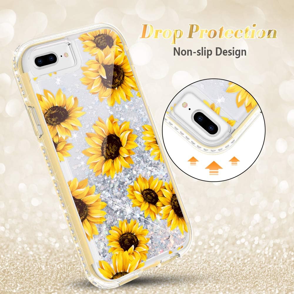 Caka iPhone 7 Plus Case Glitter, Sunflower iPhone 8 Plus Glitter Full Body Case with Screen Protector Bling Diamond Sparkle Liquid Girly Women Protective Case for iPhone 6 Plus 6s Plus 7 Plus 8 Plus