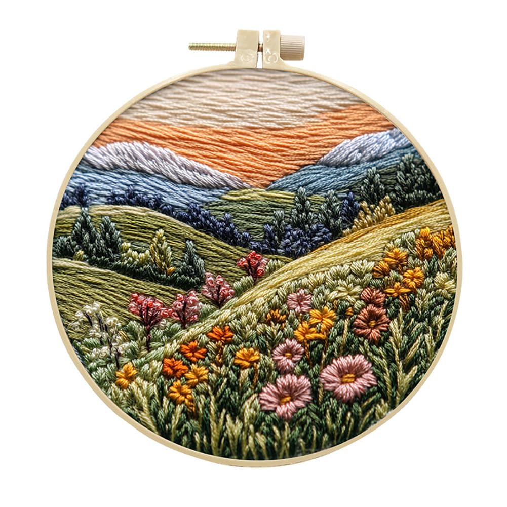 Embroidery Starter Kit for Adult Beginner with Landscape Tree Mountain River Floral Nature Scenery Pattern Cross Stitch Hand Embroidery Set DIY Cross Stitch Kits with Hoops Needles Threads