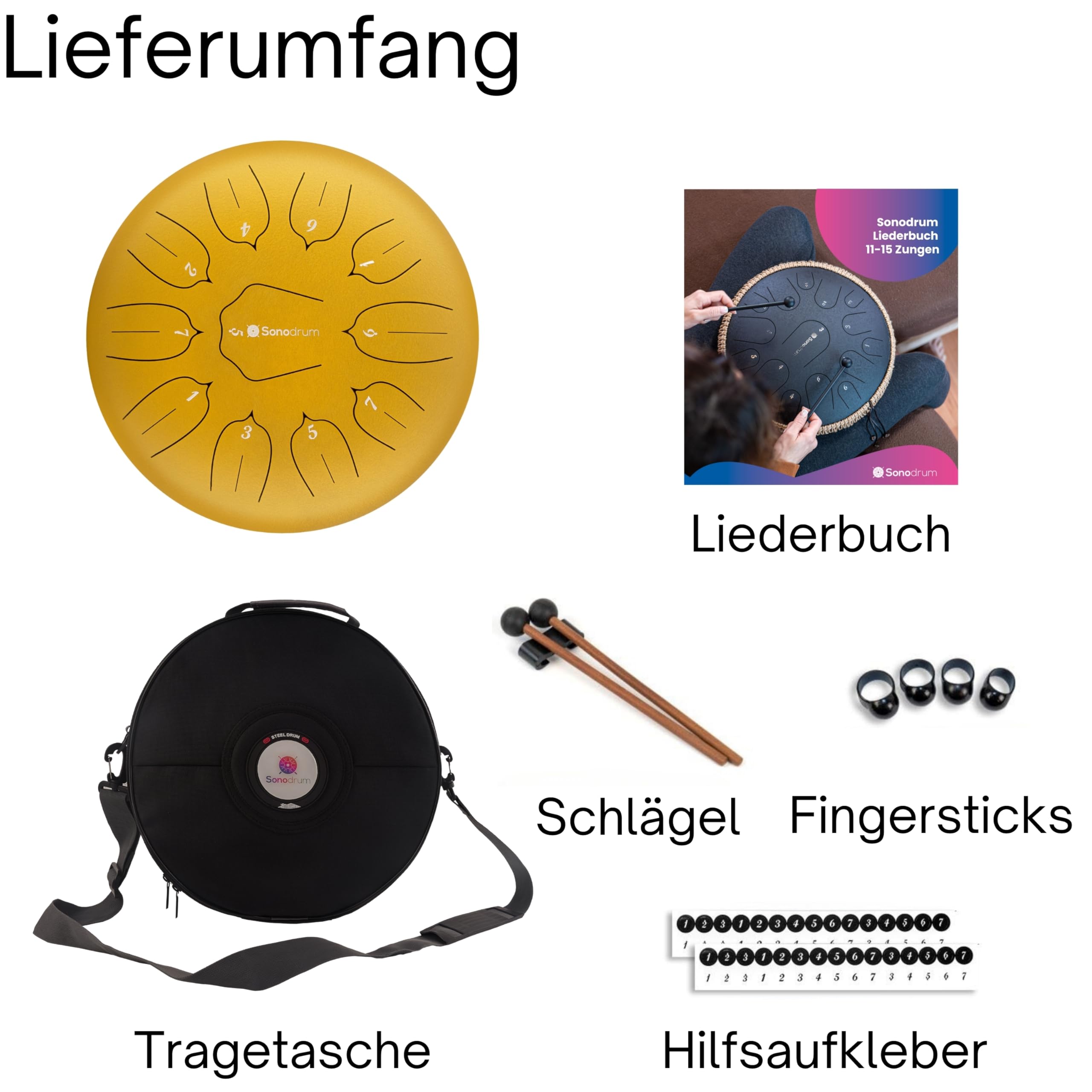 Zungentrommel "Standard" D - Dur in Gold - 30 cm groß mit 11 Tönen - Steel Tongue Drum inkl. Liederbuch, Schlägel, Fingersticks und Tragetasche - Notenlesen nicht nötig, einfach zu spielen.