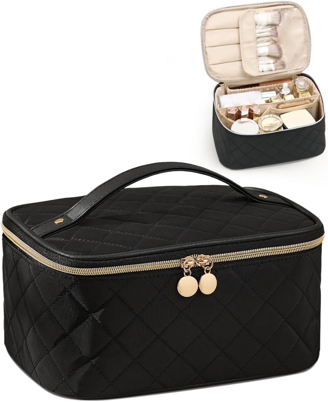 Prite Makeup Bag Portable Cosmetic Organizer with Brush Holder Waterproof Travel Toiletry Bag for Women with Handle and Divider (Black Rhombus)