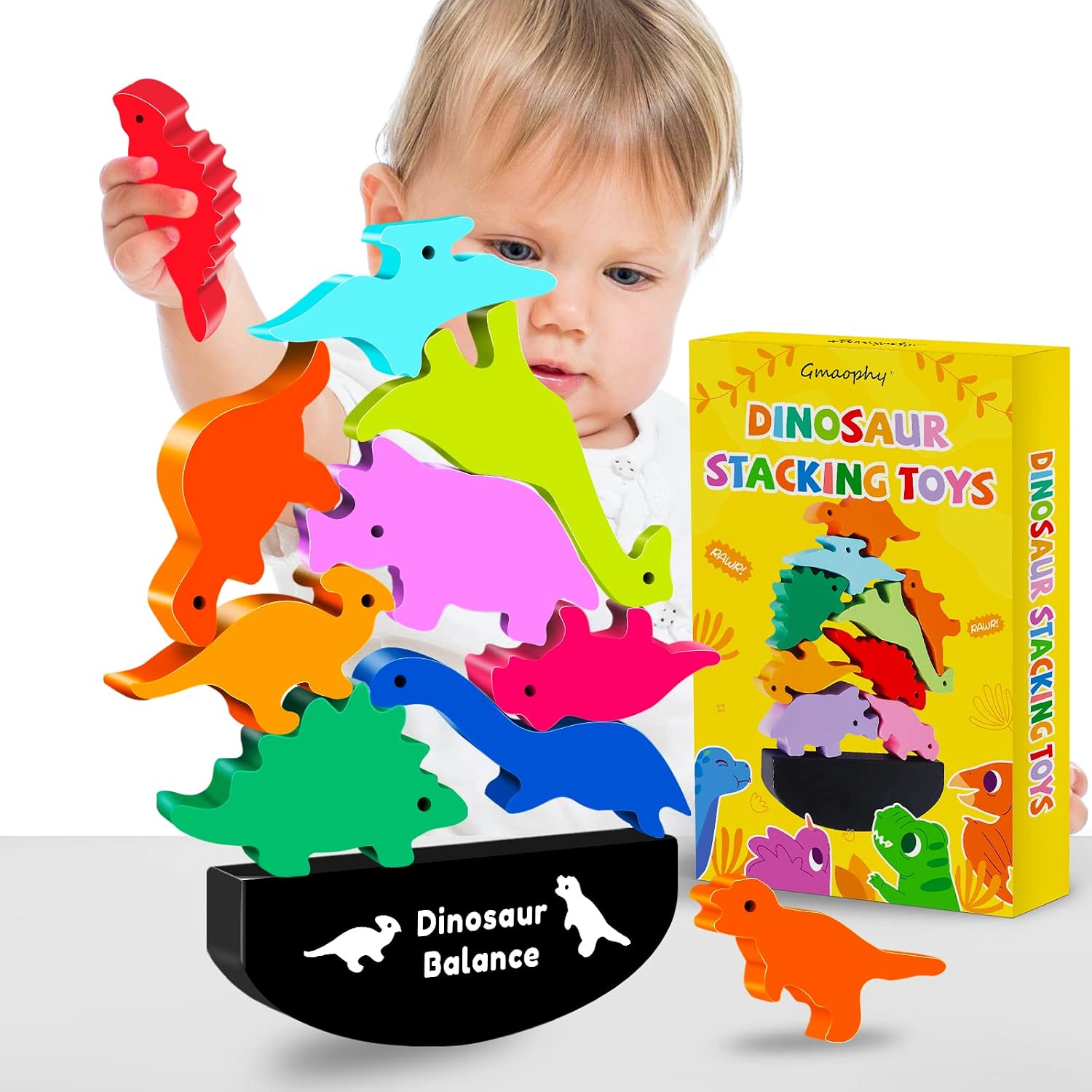 GMAOPHY Dinosaur Stacking Toy for Kids Boys Age 2 3 4 5 Years Old, Dinosaur Wooden Blocks for Concentration Motor Skills Training, Montessori Learning Toys, Christmas Birthday Gift Game for Toddler