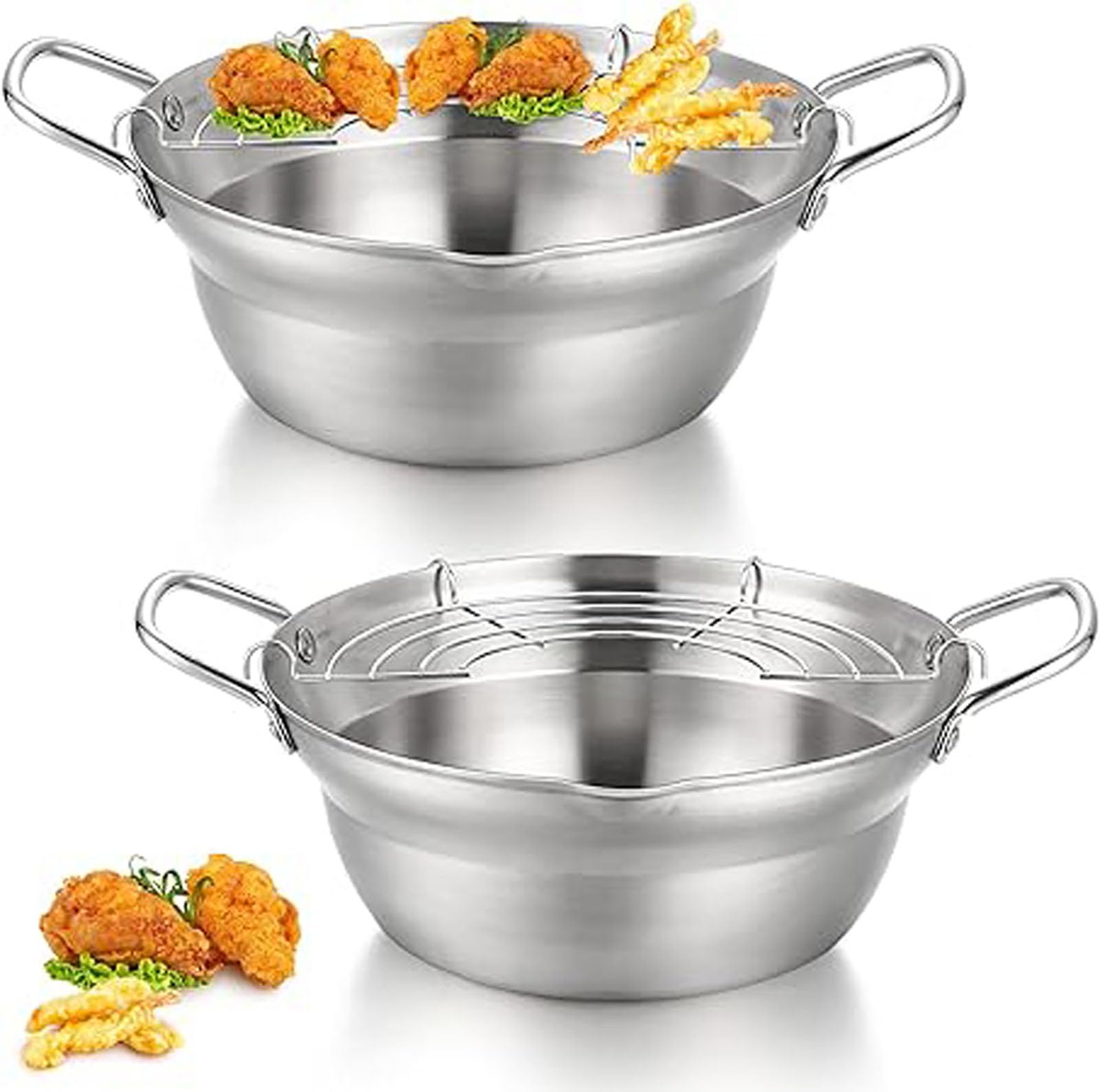 ALMEKAQUZ 1.7L Japanese Style Frying Pan Deep Fryer Pan 304 Stainless Steel Wok with Oil Drip Drainer Rack, Small Portable Silver Non Stick Pan for Kitchen French Fries Turkey Chicken