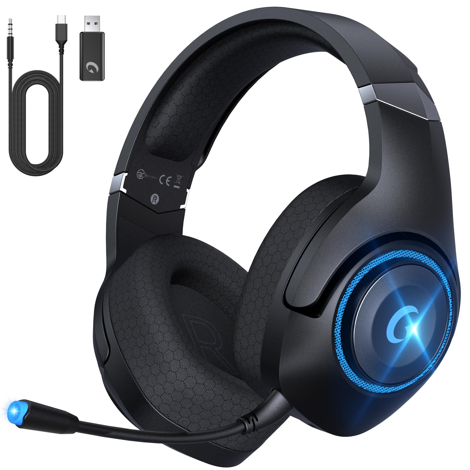 Cuffie con Microfono,Wireless Cuffie Gaming per PC, PS4, PS5, Switch, Driver 50 mm, Cuffie Gaming Bluetooth 5.2, PC Cuffie con Microfono, Archetto Regolabile, Jack Audio 3.5 mm, Cuffie Gaming Cablate