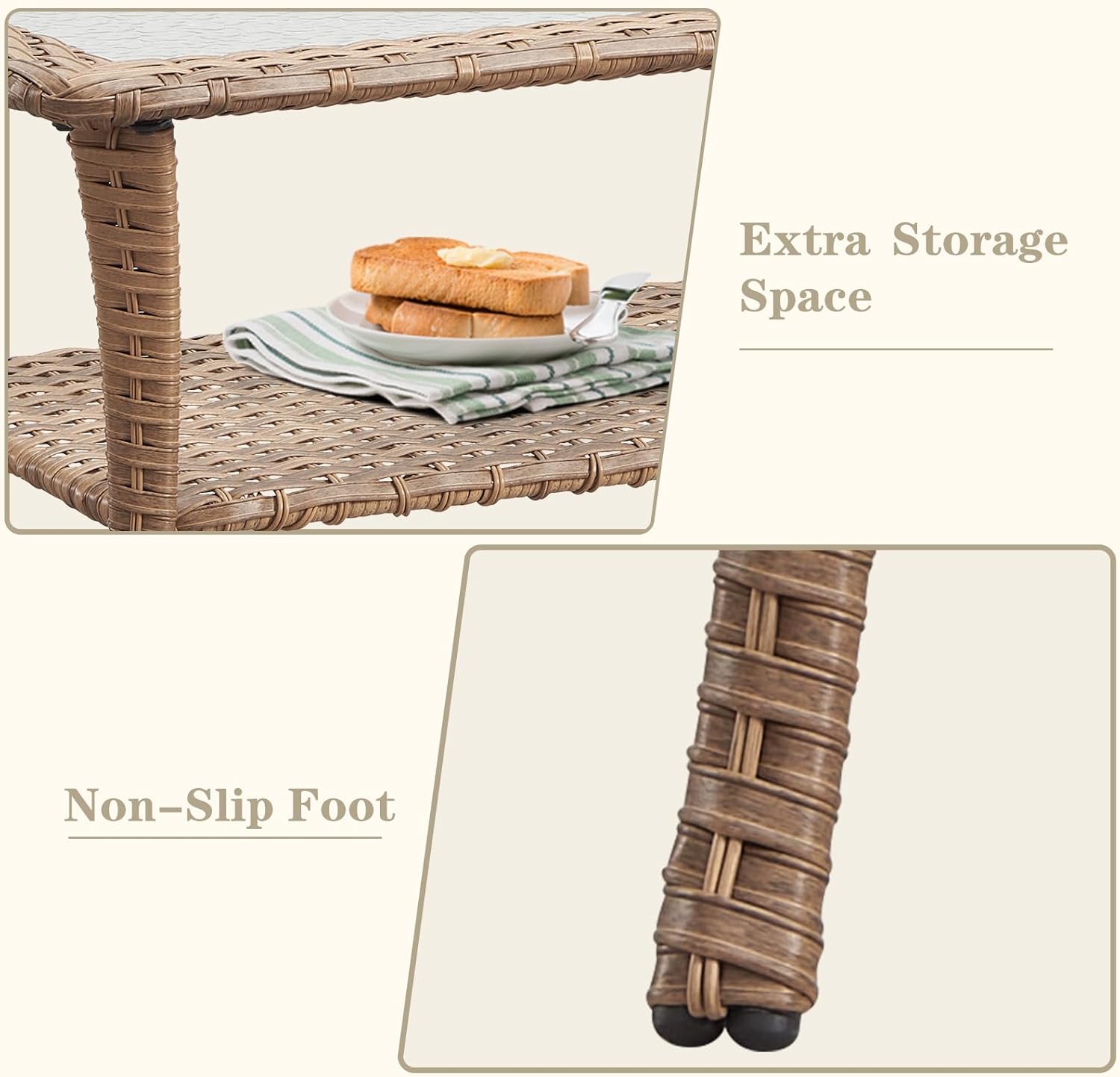 Belord Outdoor Coffee Table for Patio - 40 Inch Rattan Patio Coffee Table with 2-Layer Storage, Rectangular Tempered Glass Outdoor Wicker Table for Porch Balcony Deck Yellow