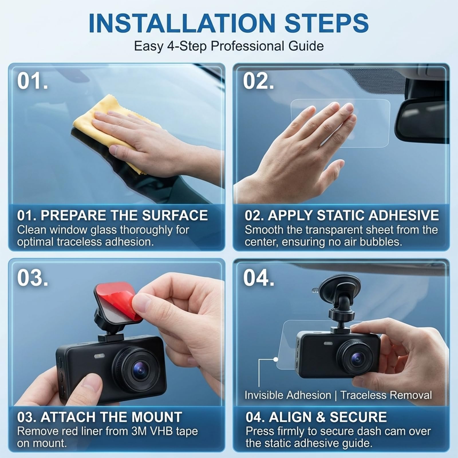 Set 16 Pezzi Adesivi Dash Cam: 8 Pellicole Elettrostatiche (6x8cm e 6x11cm) + 8 Biadesivi per Parabrezza Auto e, Kit di Montaggio Trasparente e Resistente al Calore