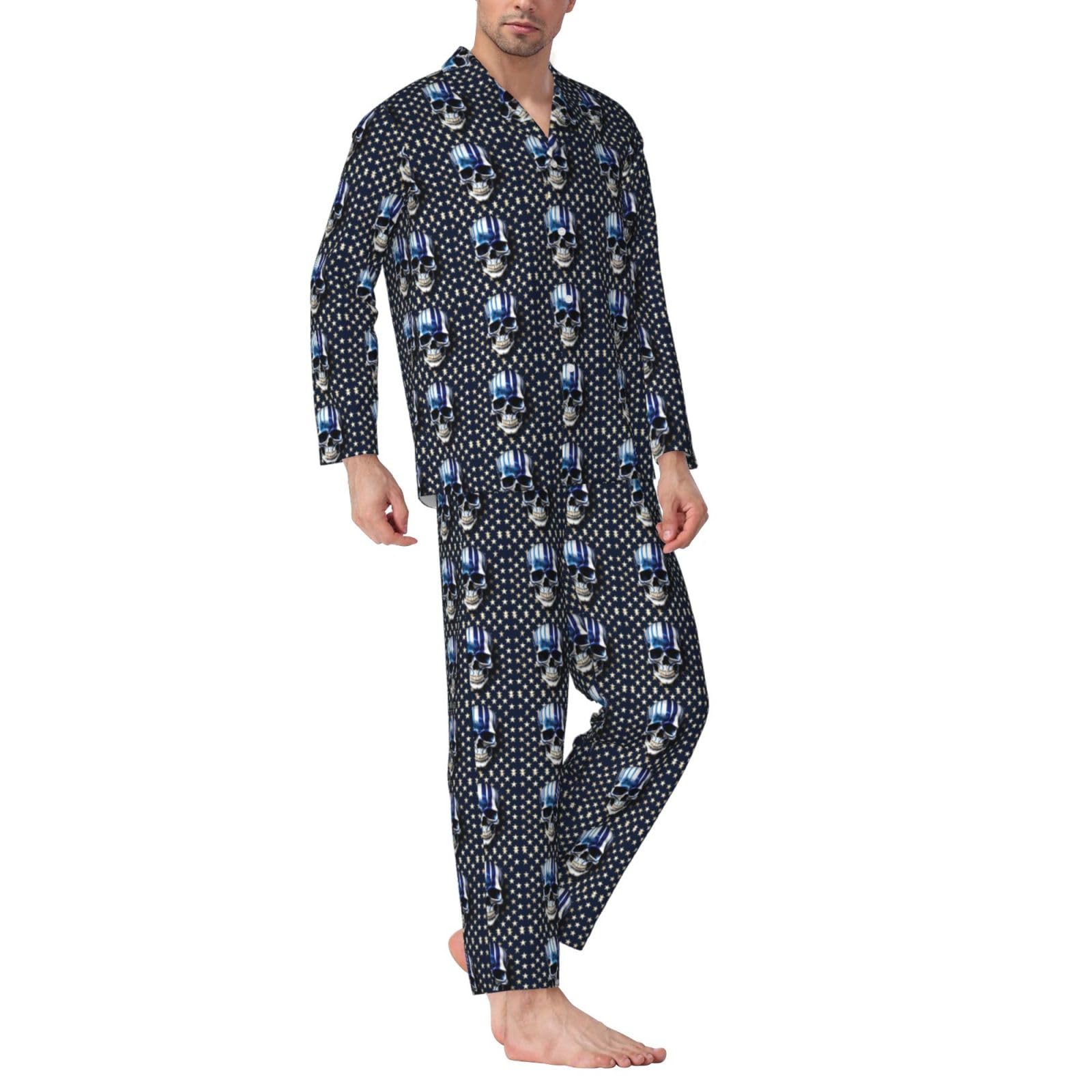 Herren-Pyjama-Set, langärmelig, gestreift, Sterne, Totenkopf, zweiteilig, bequem, Nachtwäsche