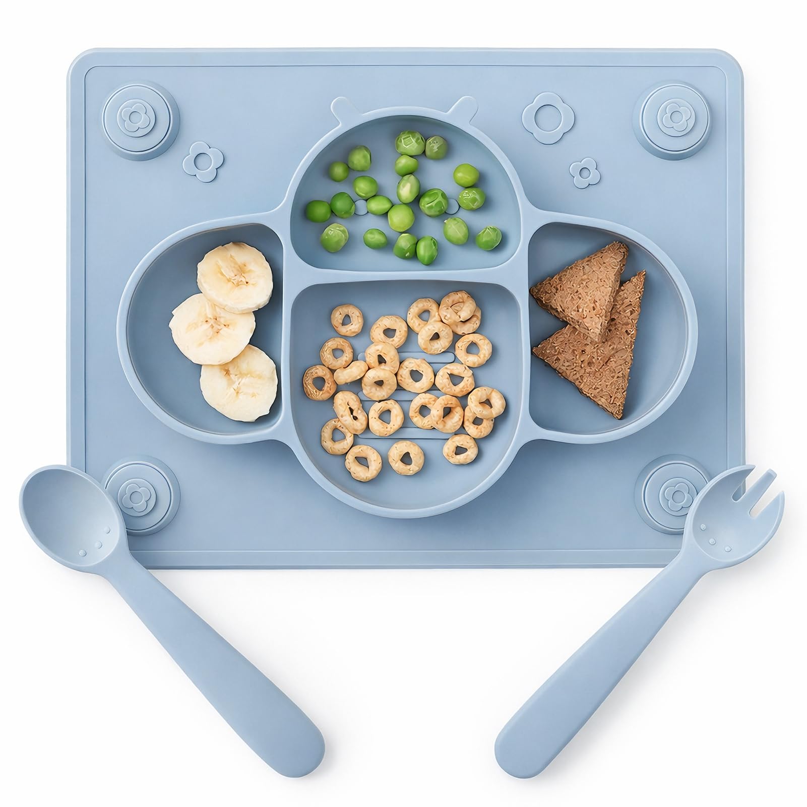 Suction Plates for Baby placemat Spoon Fork Set for Toddlers, Silicone Baby Plates with Suction Baby Dishes for Kids Plates-Dusty blue