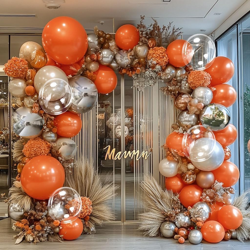 Orange Pink Peach Balloon Arch DOUBLE STUFFED Orange Pink Silver Balloons for Birthday Engagement Wedding Anniversary Party Decorations