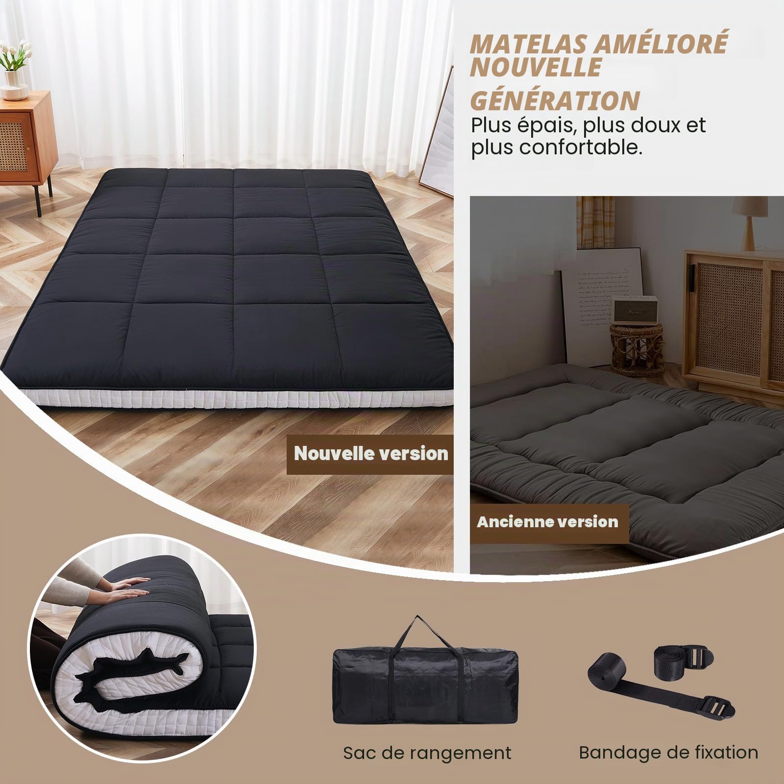 Matelas futon japonais, matelas de sol japonais, très épais et pliable, matelas de couchage en mousse à mémoire de forme pour adultes, tatami adapté pour le camping et les invités, noir diamant