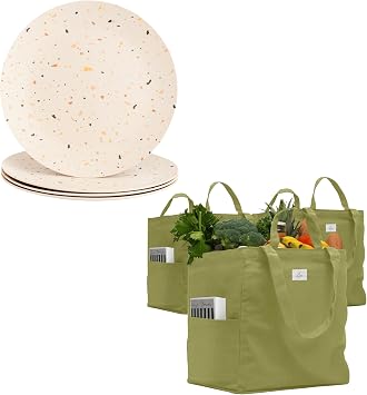 Nook Theory Bamboo Plates Set with Reusable Grocery Tote Everyday Dinnerware and Heavy Duty Canvas Shopping Bag (Celebration 10, Sage)