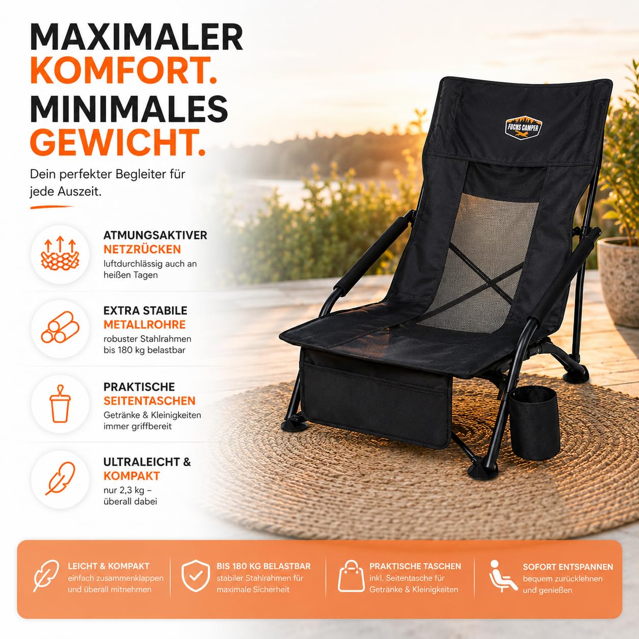 Strandstuhl klappbar leicht – Niedriger Campingstuhl mit hoher Rückenlehne – Faltbarer Outdoor-Stuhl mit Getränkehalter & Taschen – Bis 180 kg belastbar – Blau