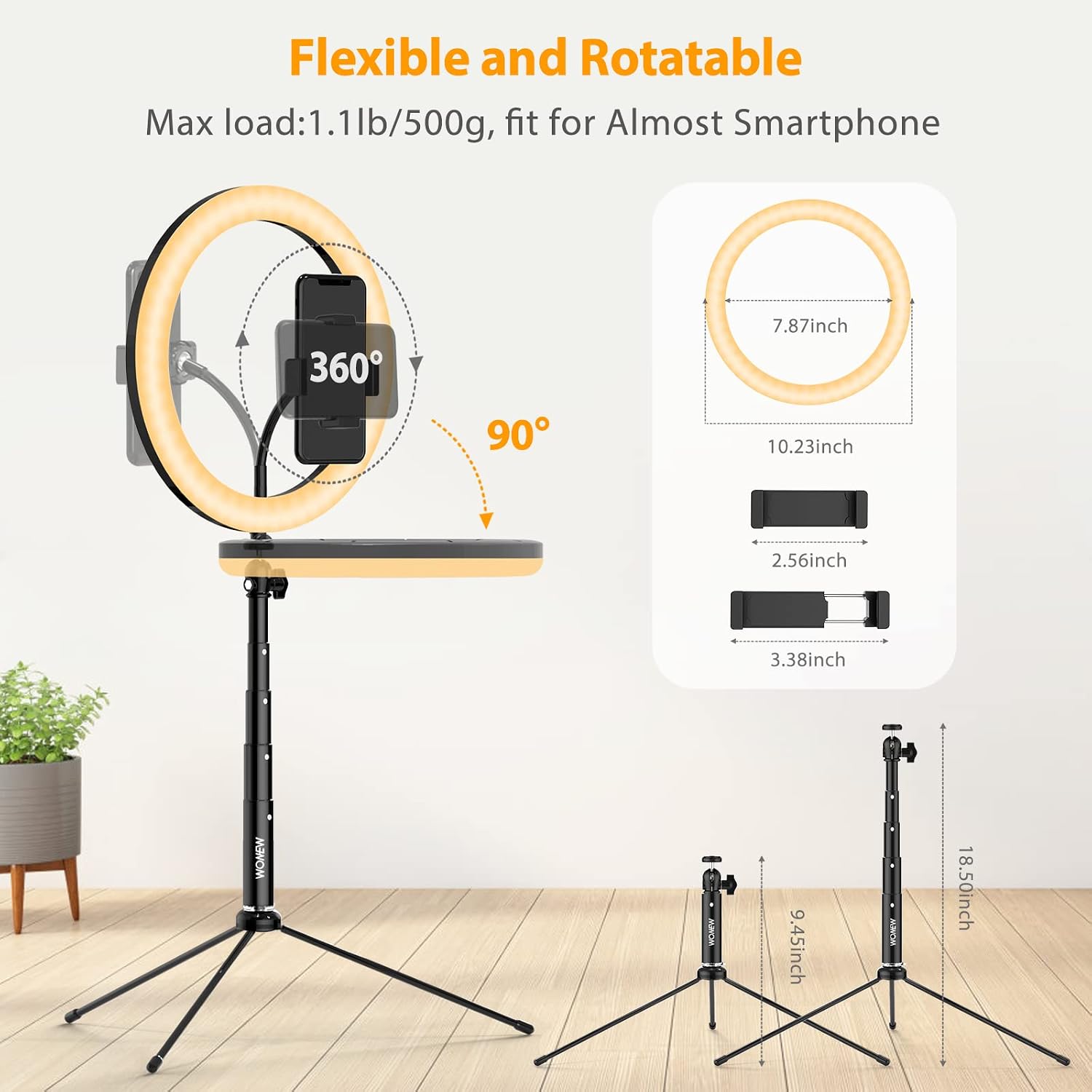 Wonew 10 Inch Desktop LED Ring Light Height Adjustable Stand Phone Holder for Desk Makeup Live Stream Tiktok YouTube Photography