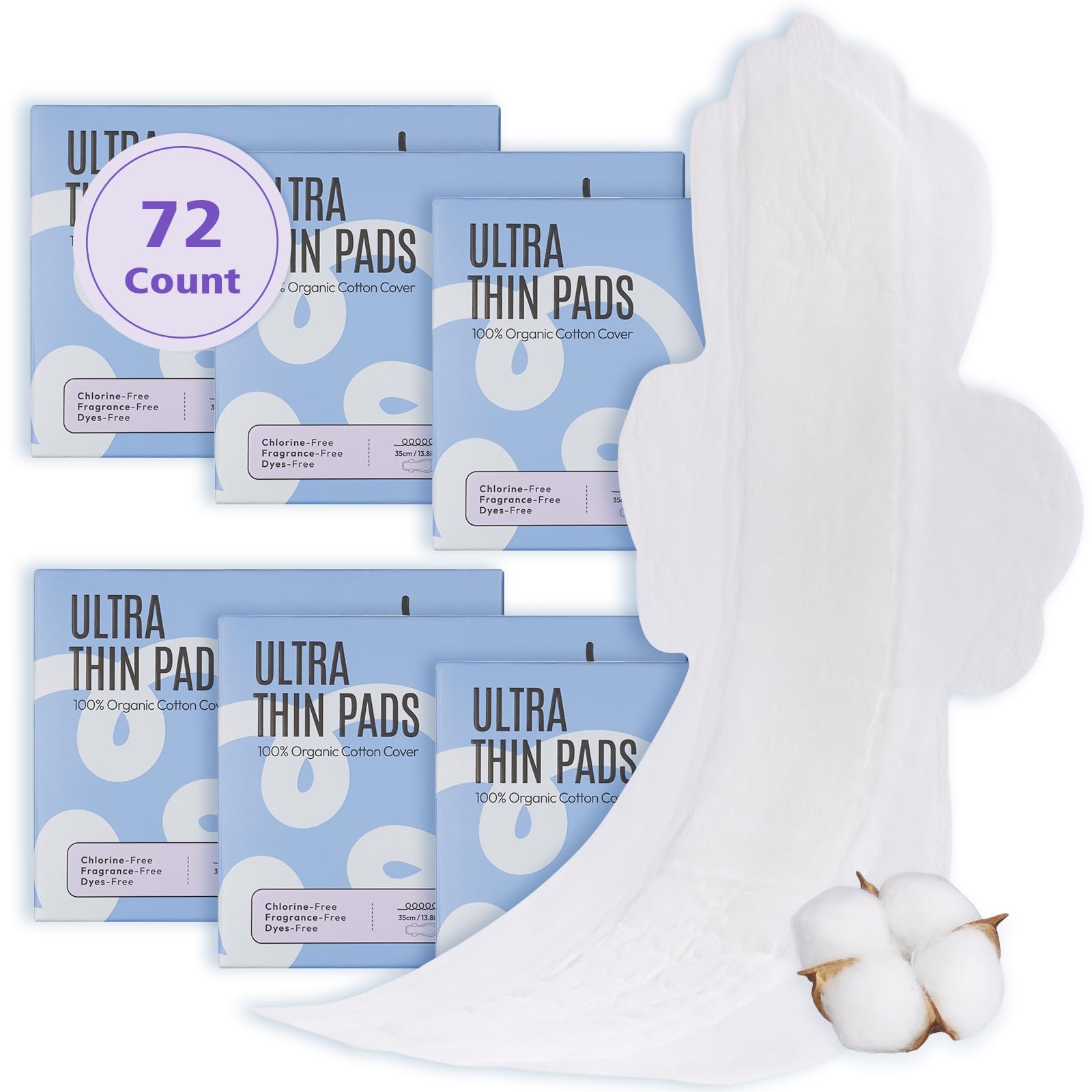 100% Organic Overnight Pads for Women, Ultra Thin Extra Heavy Flow Sanitary Pads with Wings Cotton Menstrual Pads Extra Coverage Period Pads Super Absorbency Feminine Pads (Overnight, Size 5, 72 Ct)