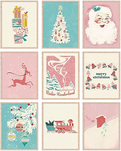 JarThenaAMCS 9 hojas de arte de pared de Navidad azul y rosa con acuarela, país de las maravillas, árbol de Navidad, póster de Papá Noel para