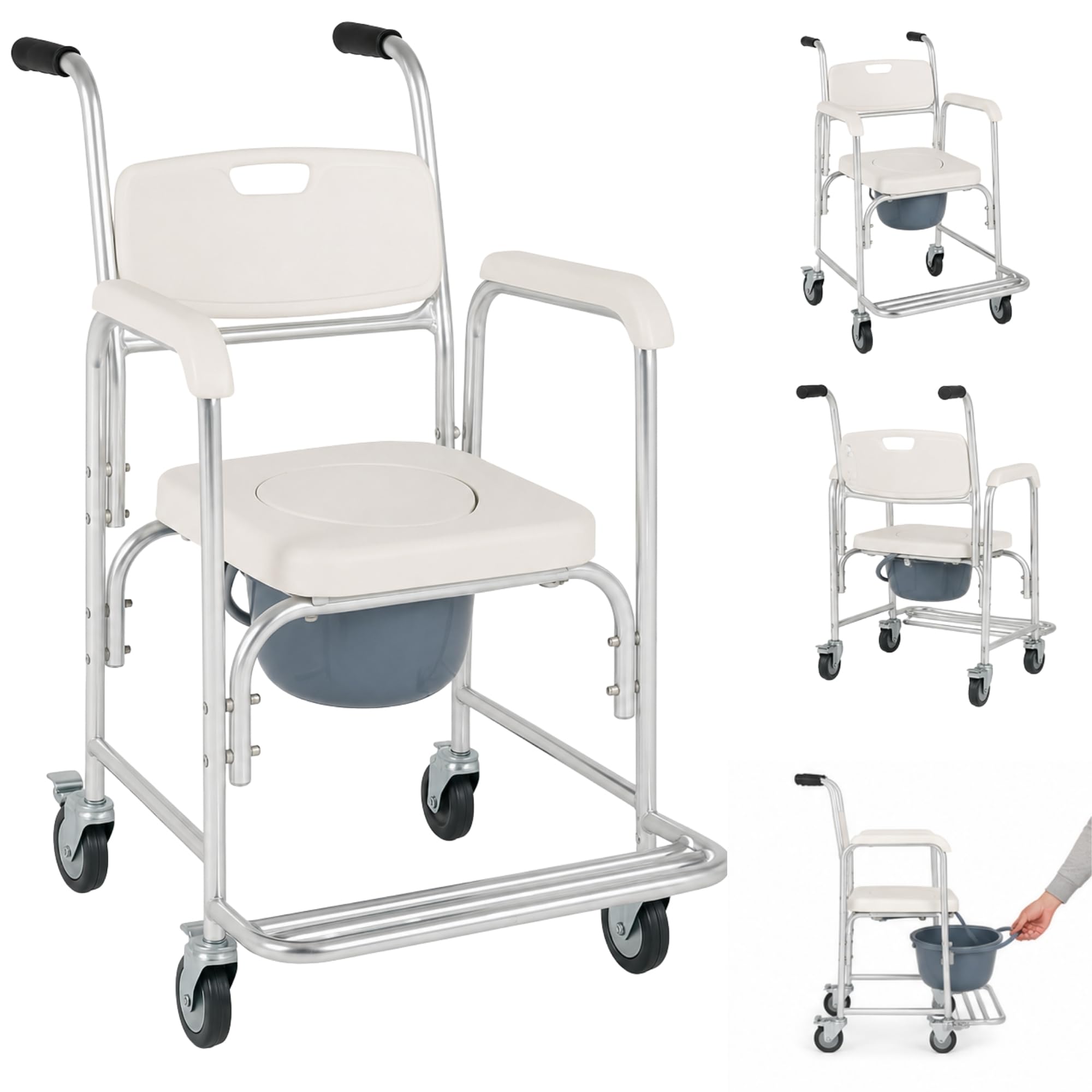Silla Ducha WC SD03 con Ruedas y Pies Abatibles - 3 en 1 - Silla con Inodoro Incorporado - Silla WC Portátil para Personas Mayores - Silla de Ruedas Ducha - Silla de baño geriatrica