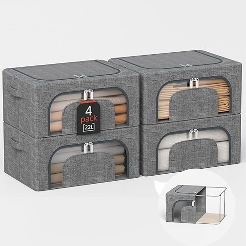 Miniatura 11 de Contenedores apilables de almacenamiento de ropa de 64 litros con marco de metal, 4 piezas apilables con doble apertura + diseño de ventana