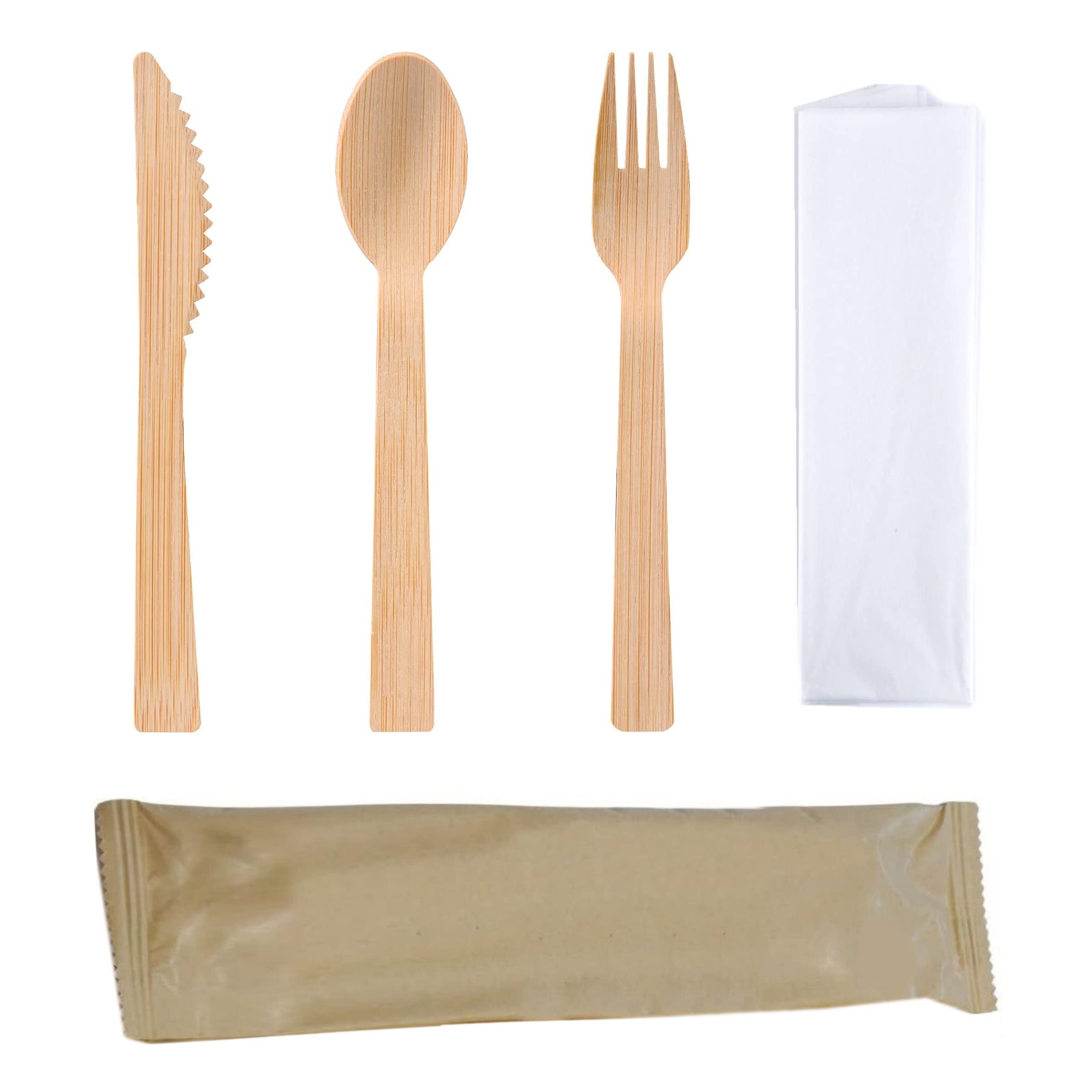 Set di 100 posate compostabili in legno di bambù, confezionate singolarmente, 100 confezioni di cucchiaio, forchetta e coltello, con fazzoletto di carta, biodegradabili