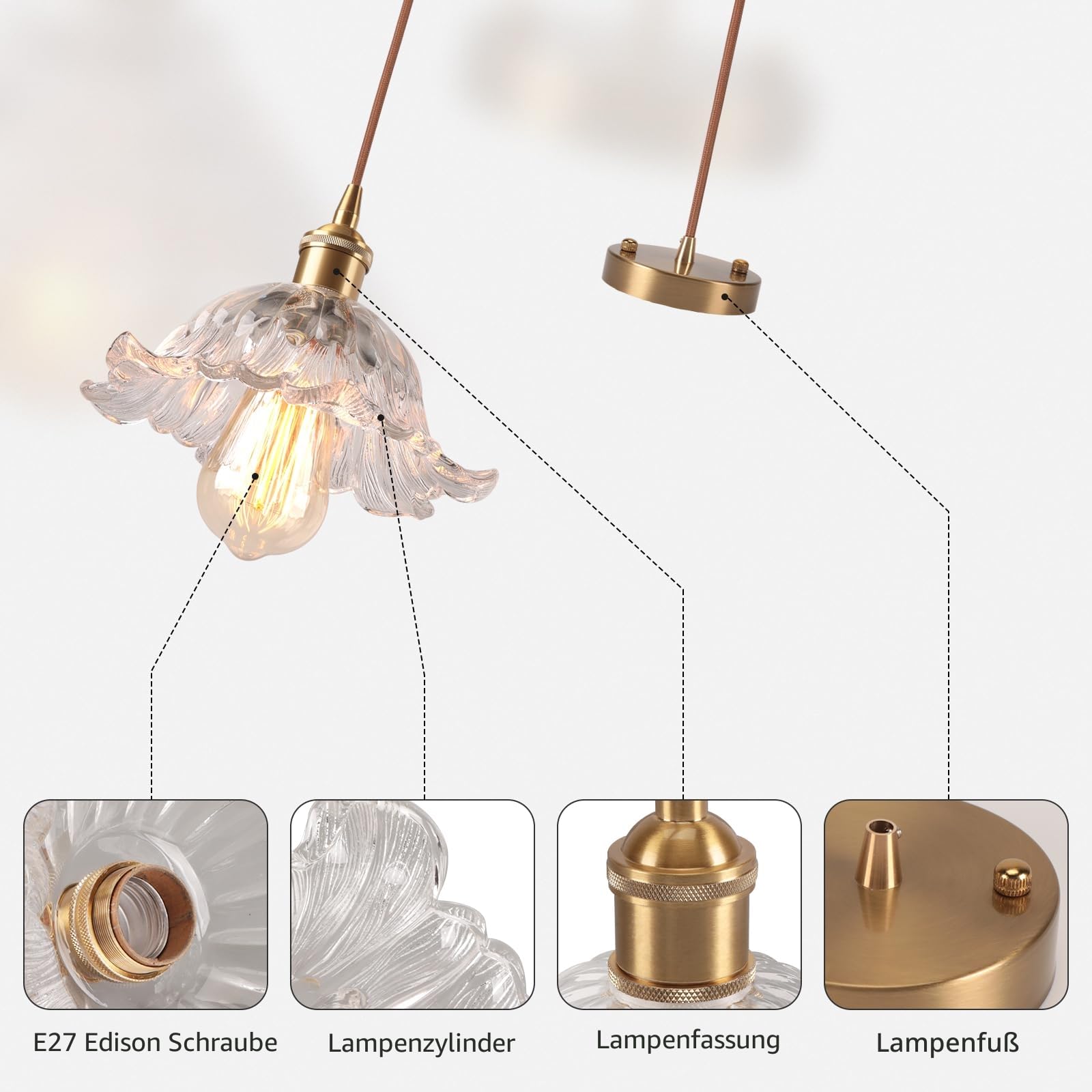 2 Stück Pendelleuchte Vintage Industrielle E27 Kronleuchter mit Blumen Kreativ Lampenschirm aus Glas Deckenleuchte Deko für Küche Esszimmer Schlafzimmer