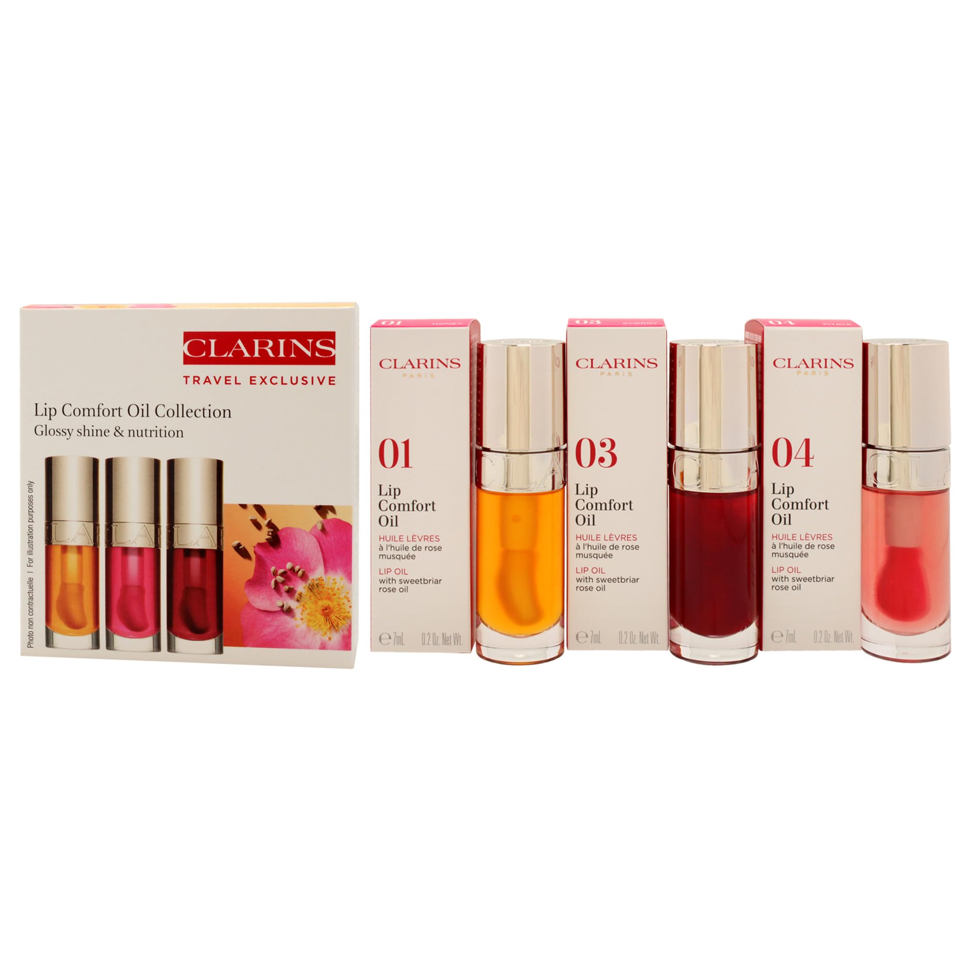 Lip Comfort Oil Collection by Clarins for Women - 3 x 0.2 oz Lip Oil - 01 Honey, Lip Oil - 03 Cherry, Lip Oil - 04 Pitaya - Image 4