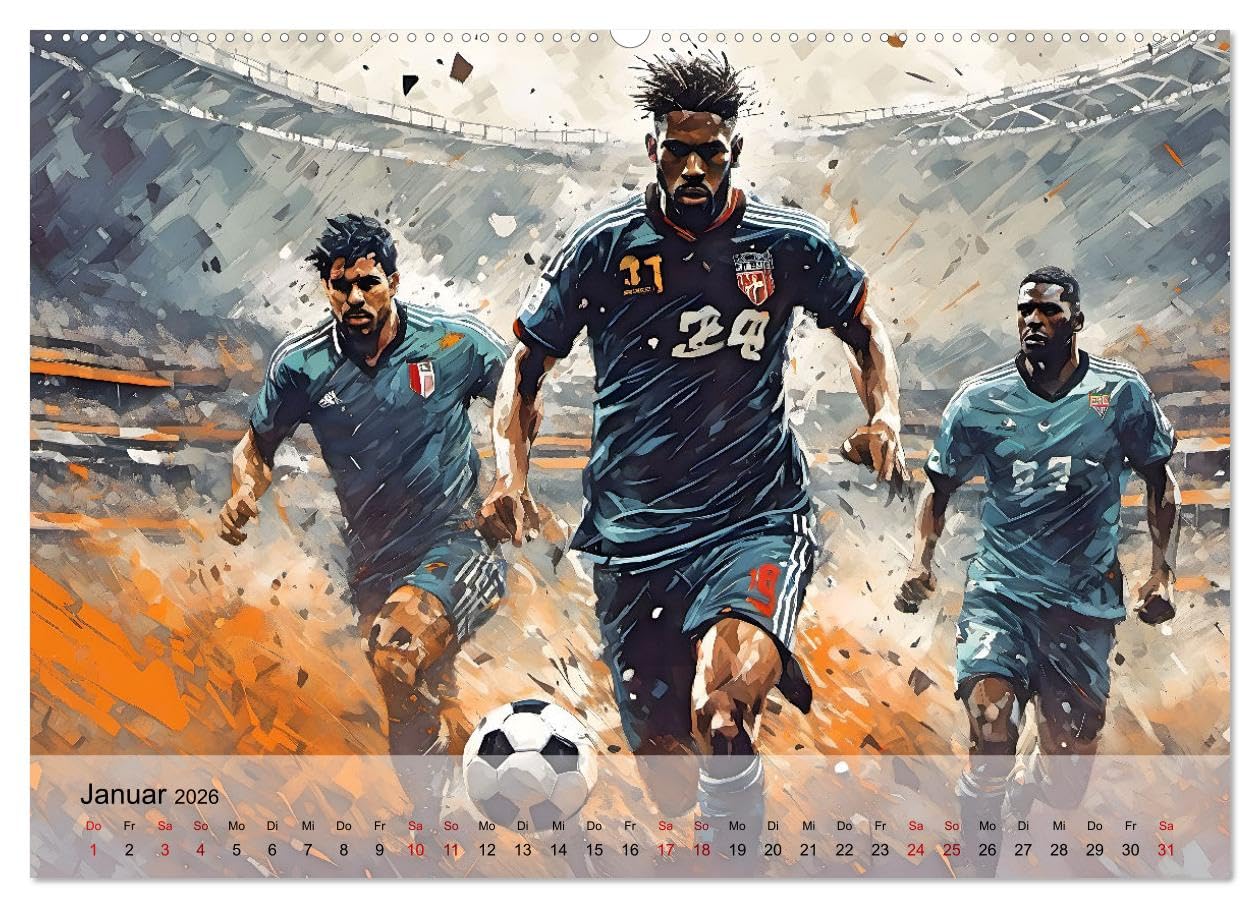 Fußball - Finale (hochwertiger Premium Wandkalender 2026 DIN A2 quer), Kunstdruck in Hochglanz: Atmosphärische Illustrationen dynamischer Spielszenen rund um das Thema Fußball (CALVENDO Sport)