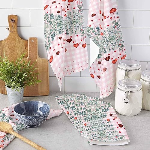 Miniatura 3 de Image Duvet 2 Pack Cotton Kitchen Dish Cloths Towels, Pink Love Heart Green Eucalyptus Leaves Valentine's Day 18 x28 Inch Soft Absorbent Kitchen