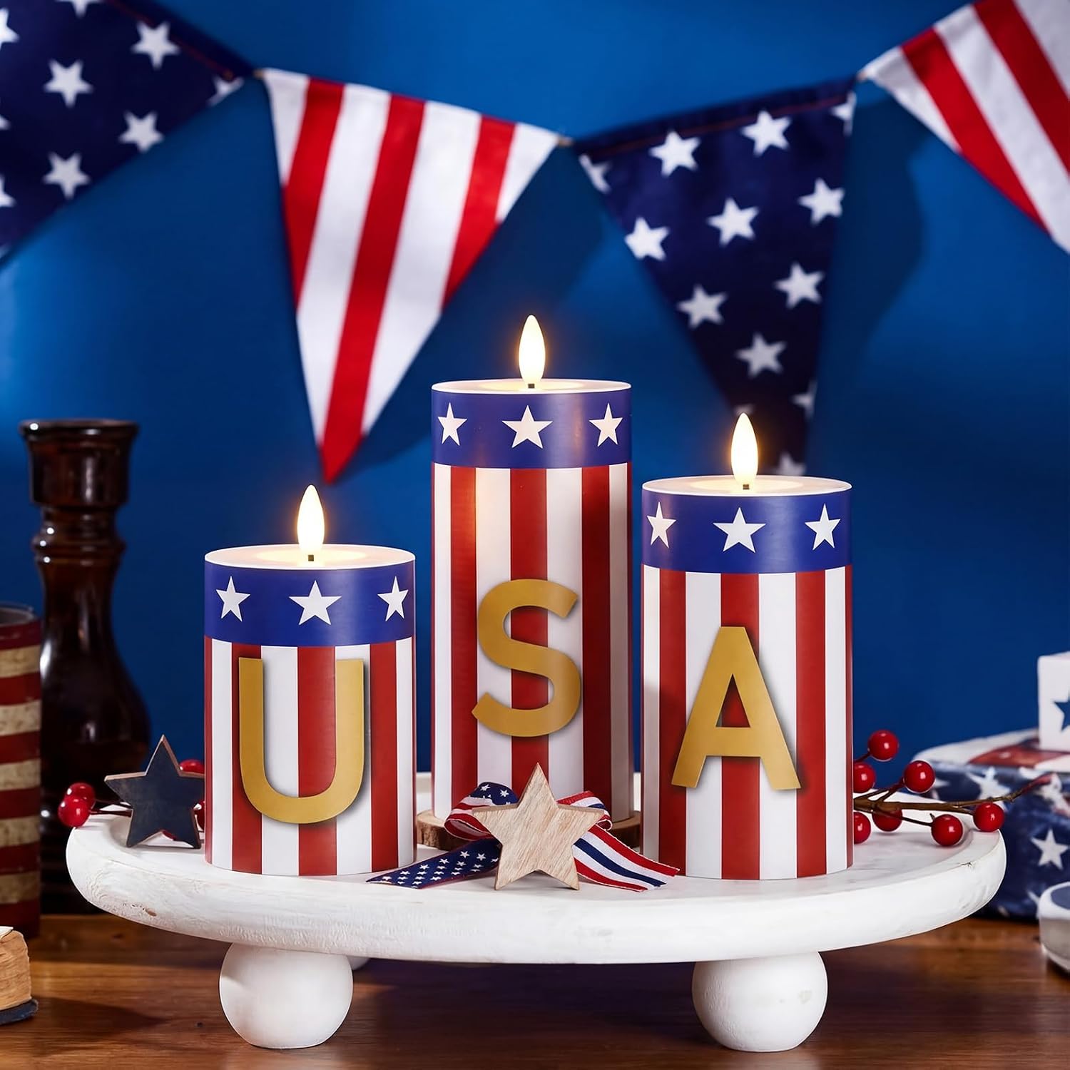 Tuanse Set of 3 Patriotic USA Flameless Candles 250th Anniversary Battery Operated 4th of July USA Pillar Candle, Mixed Size LED Light Candle for Table Dinner Independence Decorations