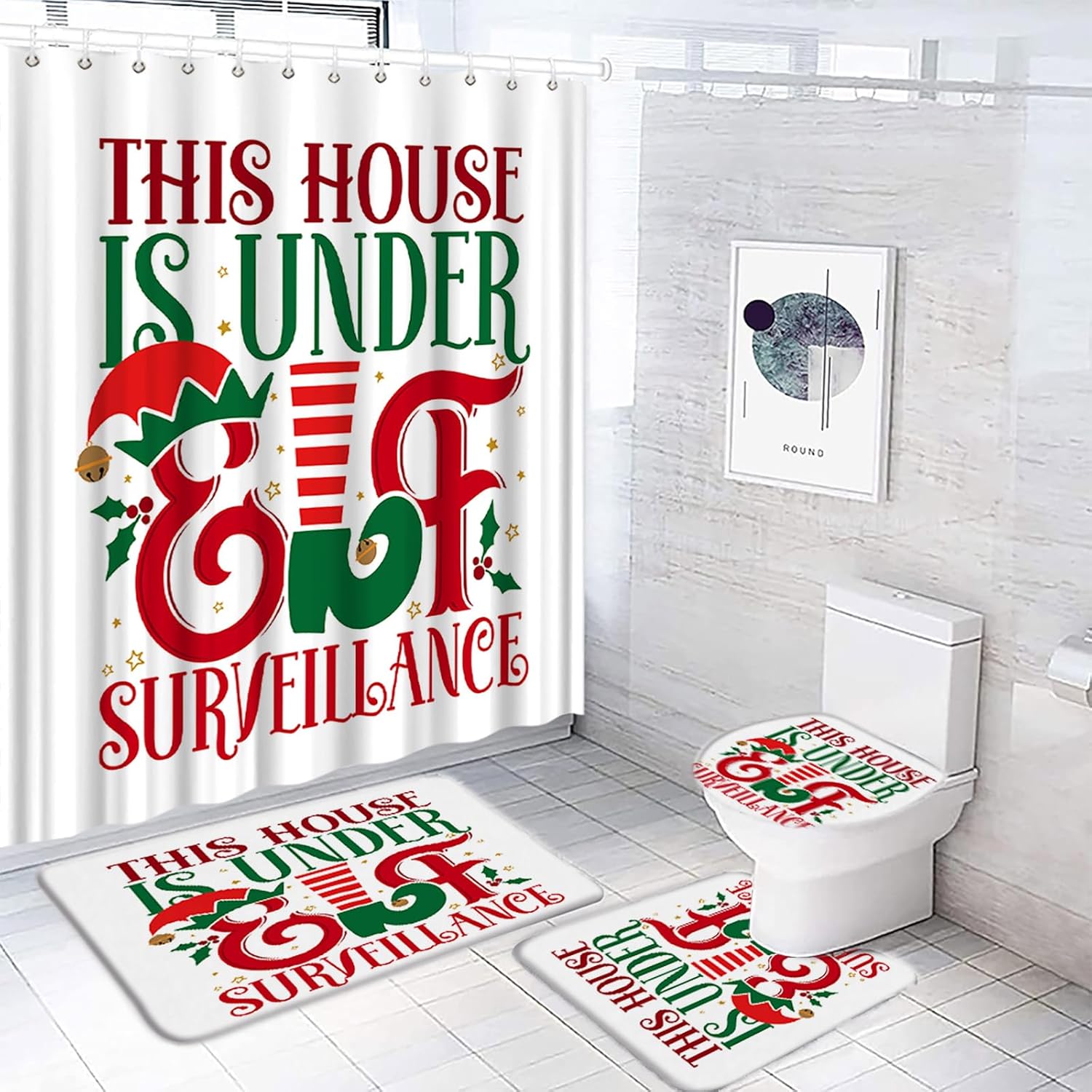 4Pcs Christmas Shower Curtain Sets Cute Xmas Elf Legs Funny Quote Stars Cartoon Winter Holiday Bathroom Decor Set with Rugs
