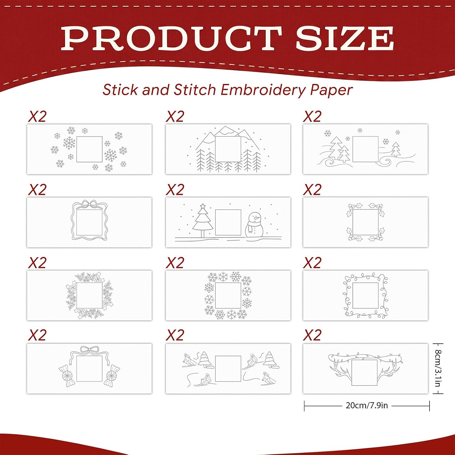 Frienda 24 Pcs Stick and Stitch Christmas Embroidery Patterns for Hat