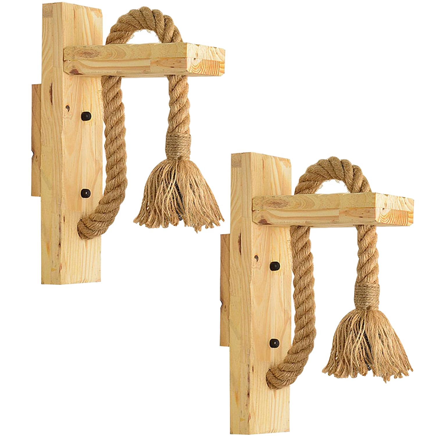 LEDSone 2 Pack Wooden Wall Light with Hemp Rope, Industrial Wall Sconce Light Indoor, Metal Wall Lamp with E27 Socket for Living Room, Bedroom, Hallway, Corridor, Cafe Bar (Bulb Not Included)