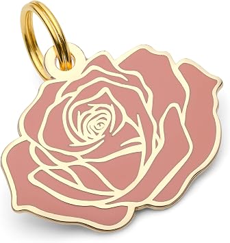 Rose Pet ID Tag, Enamel Pink Flower Dog Tag for Dogs Personalized Gift. Includes Your Laser Enrgaved Custom Text.