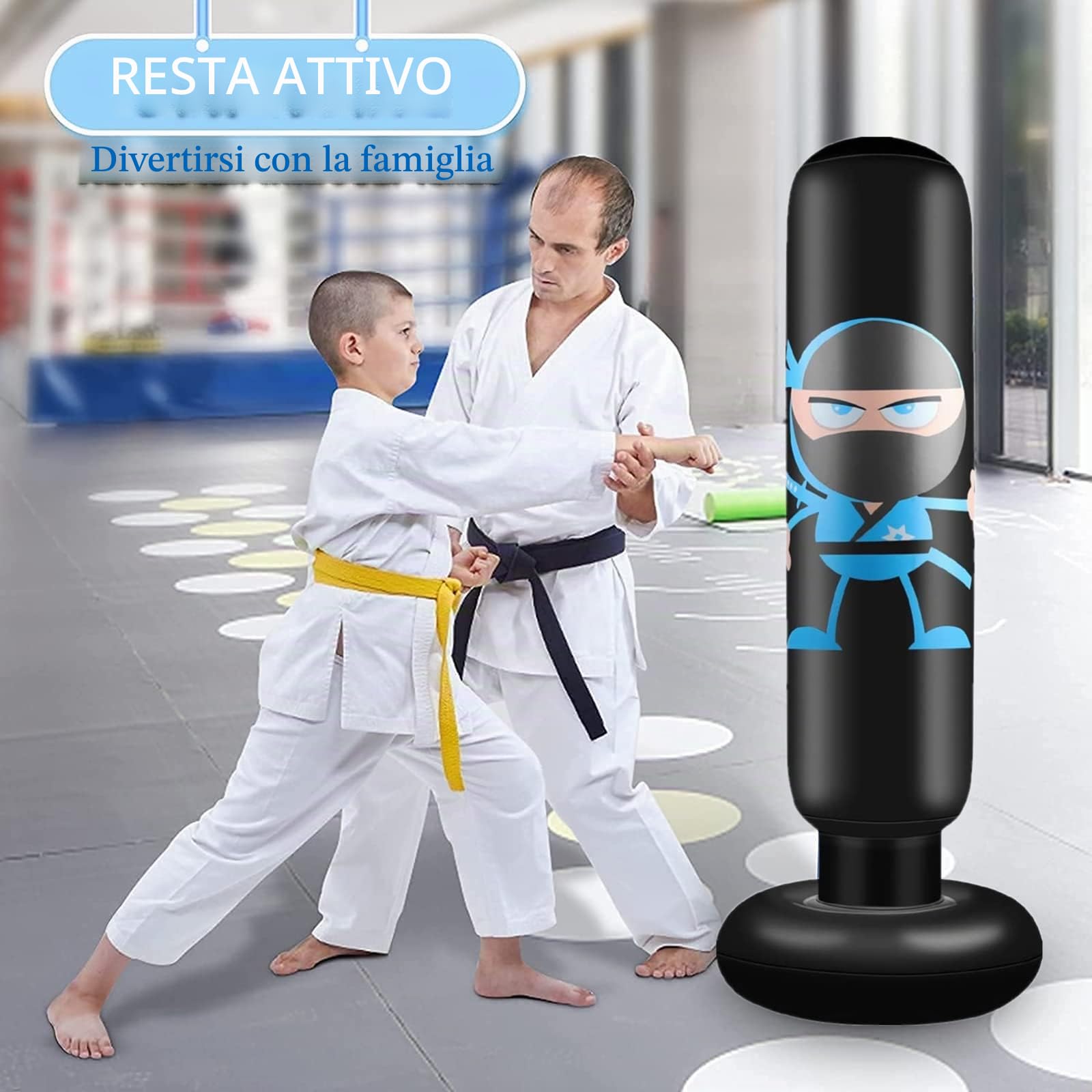 Sacco da Boxe Bambini 160cm Gonfiabile Ninja Sacco Boxe da Terra Bambino Sacco da Sabbia con Pompa ad Aria per Praticare MMA Karate Taekwondo e per Alleviare L'energia Repressa nei Bambini