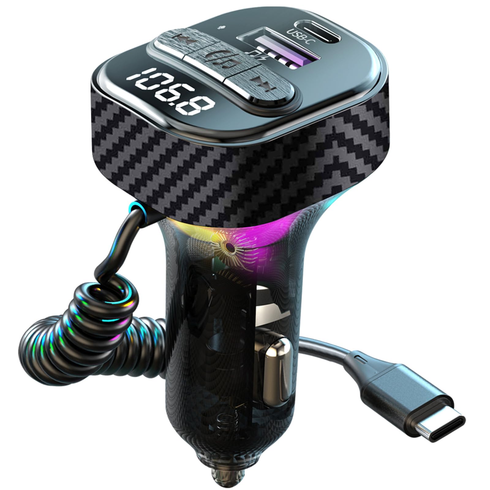 Trasmettitore FM Bluetooth 5.3 per auto, adattatore per auto Bluetooth con porta di ricarica PD di tipo C (30 W) e cavo, porta USB QC3.0, trasmettitore radio FM wireless, supporto chiamate in mano