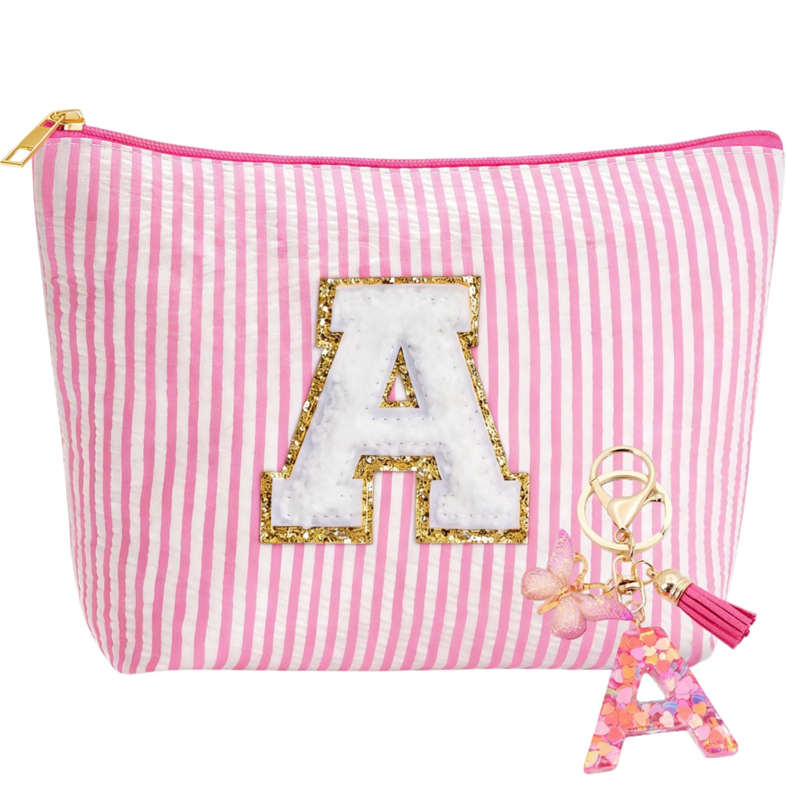 Pochette Personalizzata, Beauty Case e Portachiavi Bambina Ragazza con iniziale, Regali Personalizzati per Mamme, Fidanzate e Sorelle, Regali di Natale Donna (Rosa A)