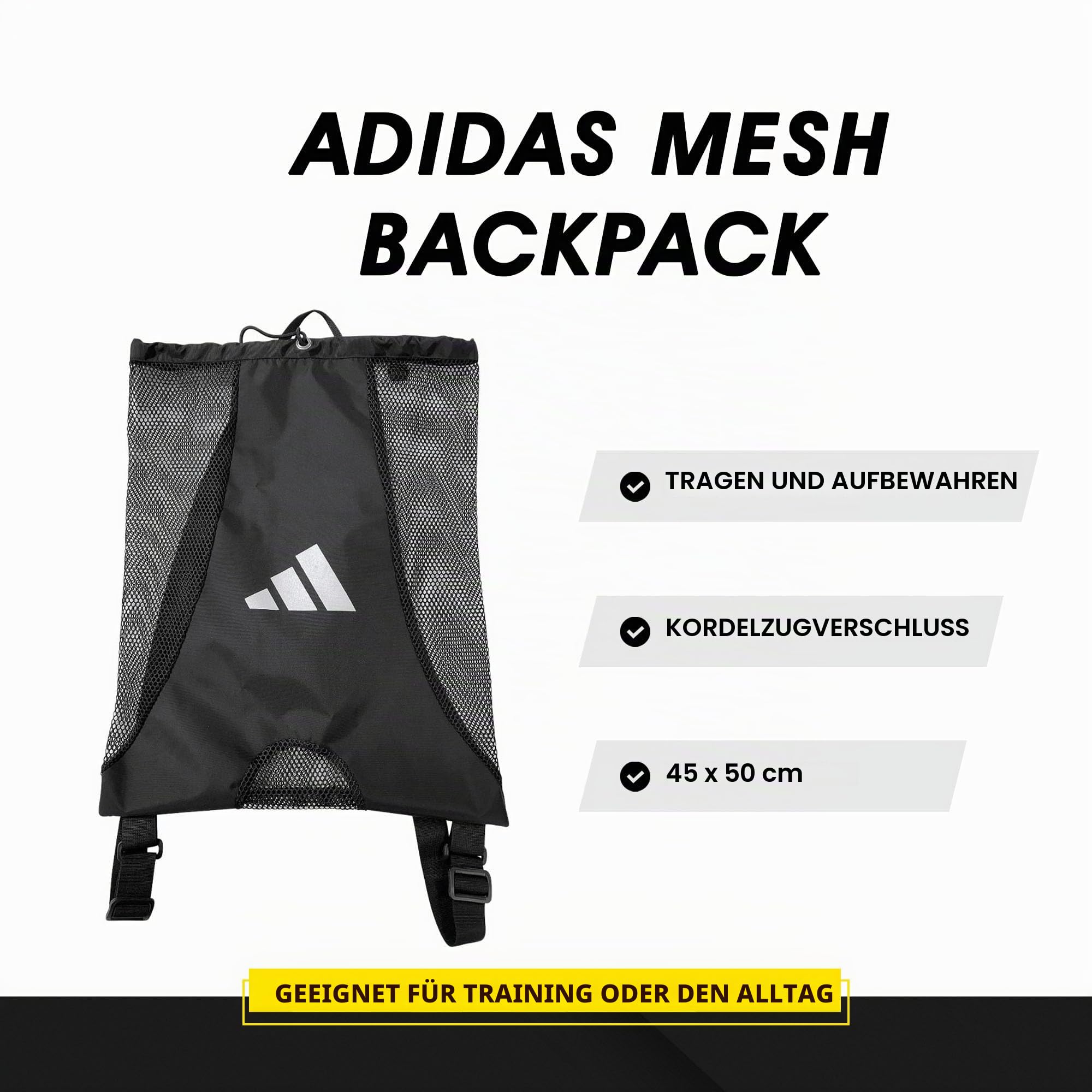 adidas Netz-Rucksack – 30 l schwarze Tasche mit Kordelzug, verstellbarer Riemen, stilvoll und geräumig, geeignet für Boxen, Karate, Judo, Taekwondo, Kickboxen und mehr