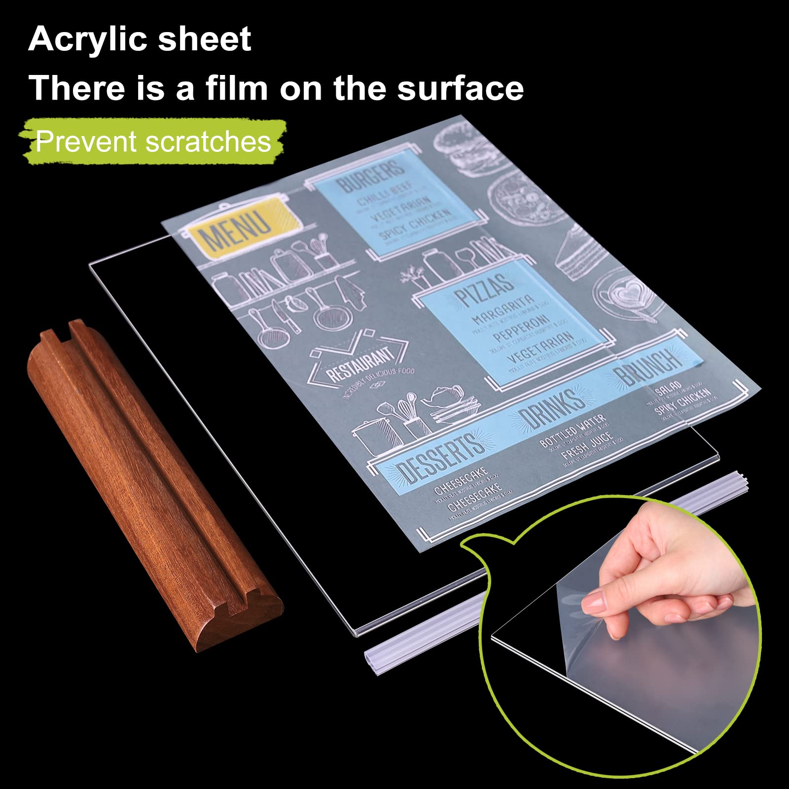 Acryl bordhouder A4, 4 stuks plastic displaystandaards, houten basis Acryl bordhouder A4, 4 stuks plastic displaystandaards, houten basis