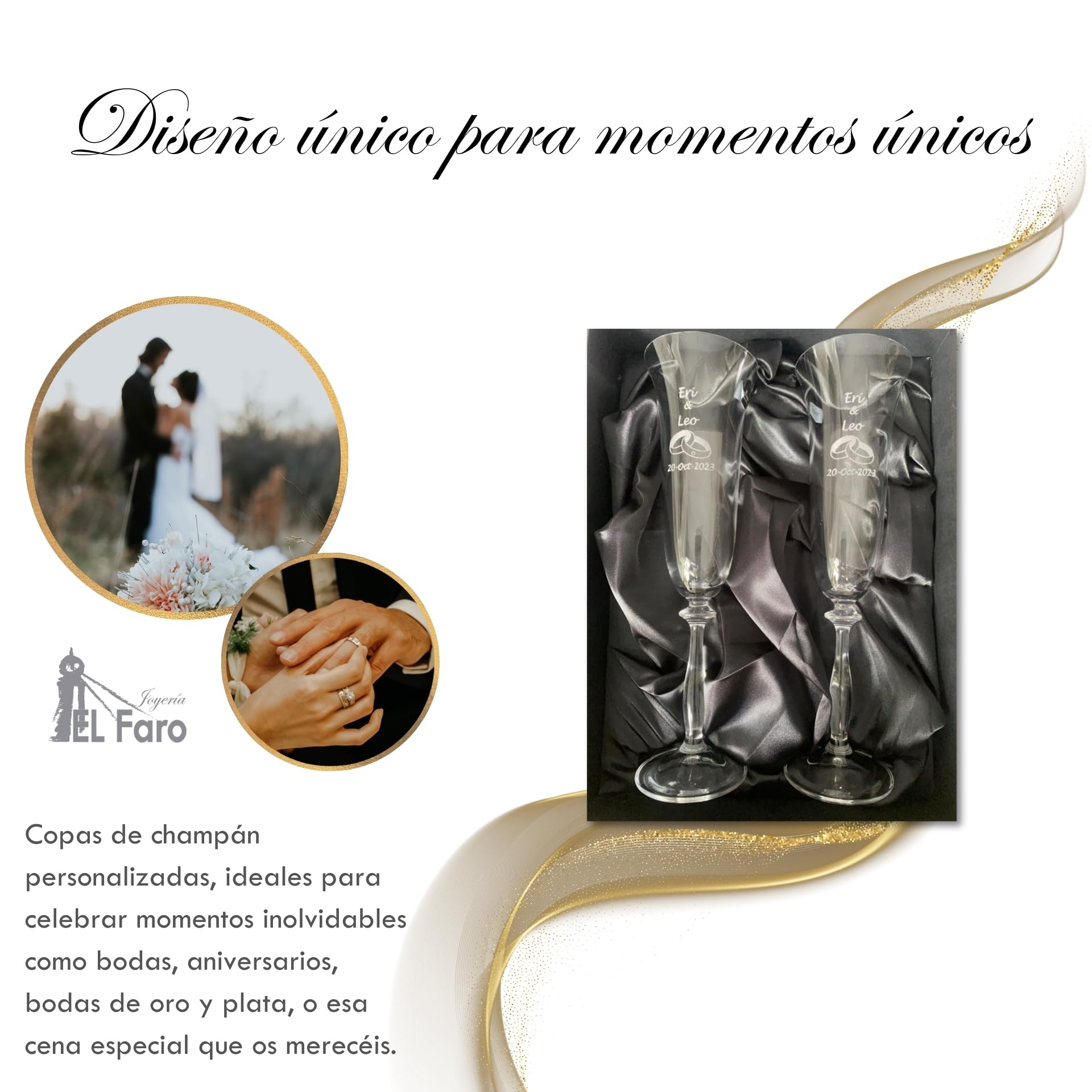 JOYERIA EL FARO | Copas grabadas para novios | Copas personalizadas para bodas | Cristal de Bohemia de alta resistencia | Estuche premium incluido | Brinda y celebra el amor