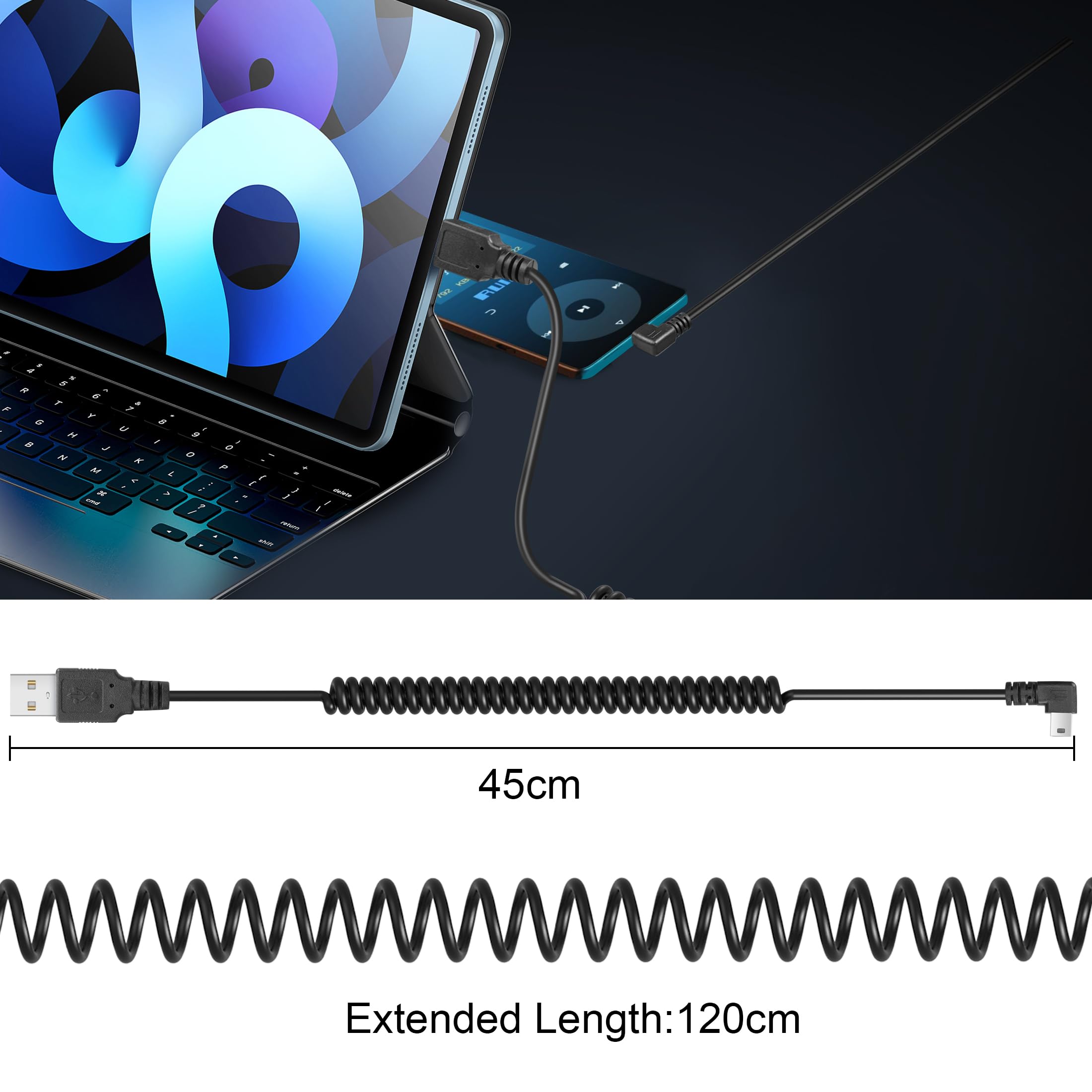 YACSEJAO Gewundenes Mini-USB-Kabel 90° – Dehnbar Bis 1,2 M, Für Drucker, Kameras & Mehr