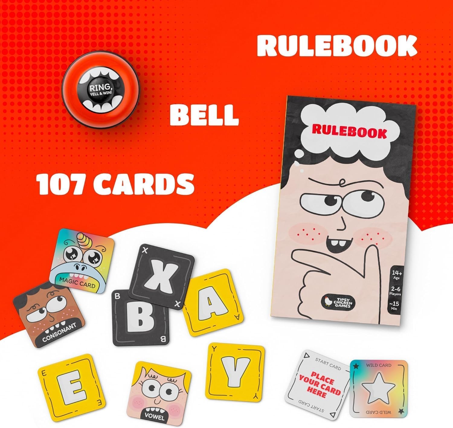 Yell Spell Word Game, Race to Ring The Bell in Fast Competitive Letter game with engaging wordplay. Card Games for Game Nights, Easy to learn Teen Party Games & Adults Board games for 2 - 6 Players