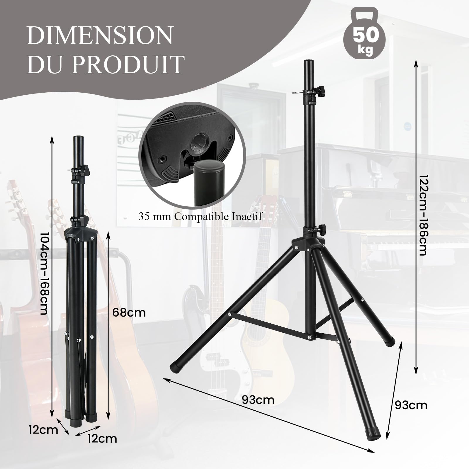 SOARS Pied Enceinte Universel sur Pied Stable, Support Enceinte Réglable en Hauteur de 122 à 186 CM, Charge Maximale 50 KG, pour Salle de Musique, Salle de Conférence, Home Cinéma, Noir