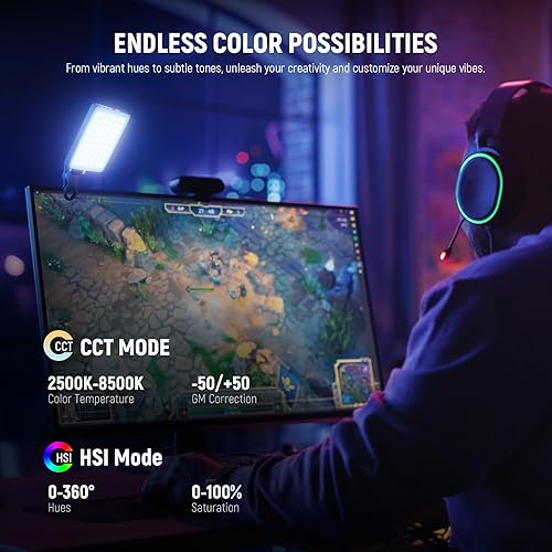 Miniatura 4 de NEEWER VL67C Luz RGB para selfie con control de aplicación, 94 LED CRI97 2000mAh recargable, soporte de zapata fría como luz de cámara, clip