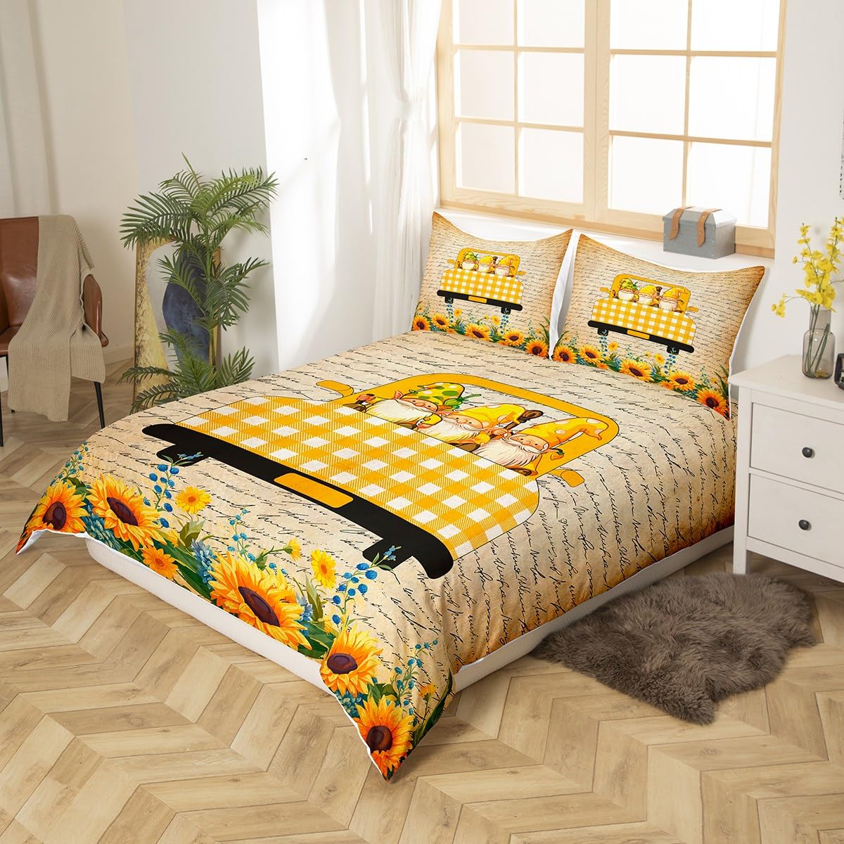 Erosebridal Spring Gnome Duvet Cover Queen Sweet Honey Bees Truck Loads Gnomes Bedding Set for Teens Youth Rustic Sunflowern Daisy Comforter Cover Vintage Flowers Bed Cover with 2 Pillow Shams