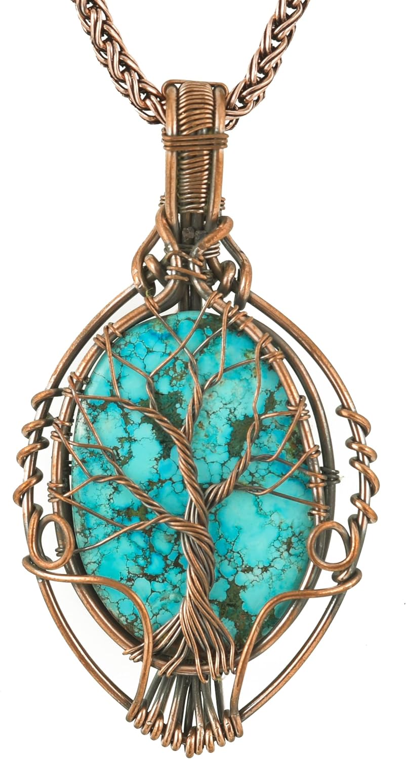 Stunning Tree of Life Pendant with Natural Gemstone on 20" Pure Copper Chain - Handmade in India
