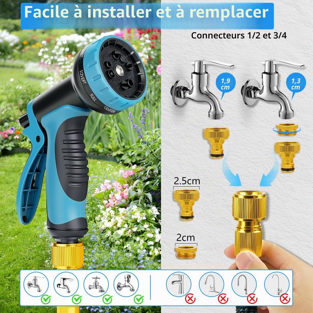 Tuyau d'Arrosage Extensible 30m, Flexible＆Léger, Tuyau d’Eau Réglable avec 1/2'' et 3/4'' Raccords, 10 Modes d'Arrosage pour Jardin, Irrigation, Nettoyage, Lavage de Voiture, Bain d'Animaux